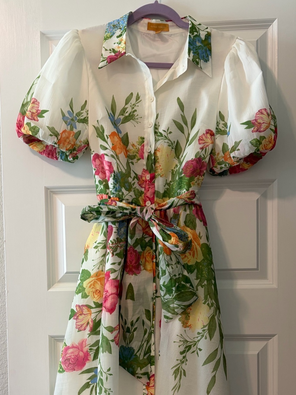Flying Tomato Midi Floral Tie-Waist Dress in Cream and Green with Bell Sleeves - Picture 8 of 16